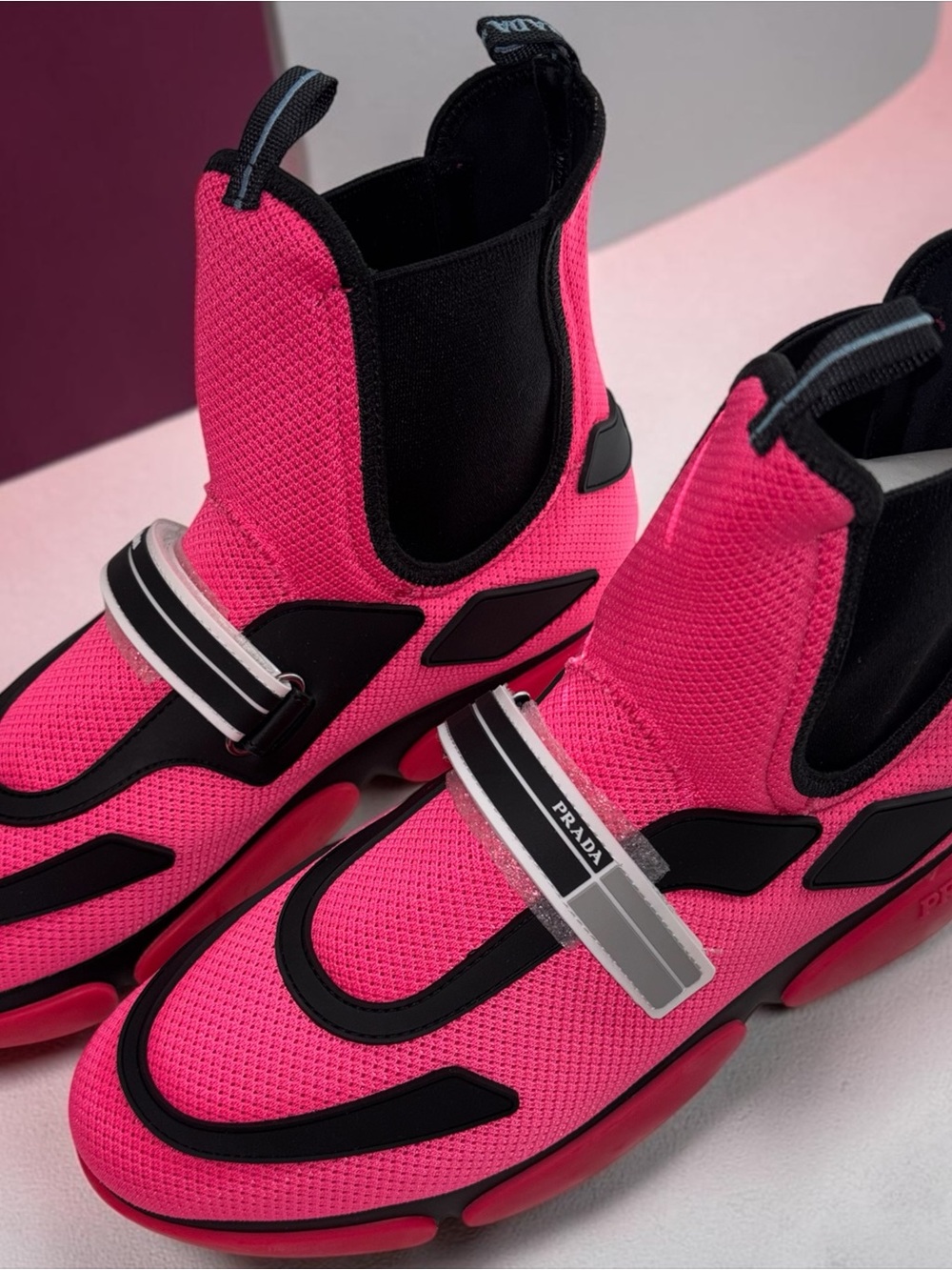 Prada Knit Fluo Pink Black Sock Sneakers 39.5 / US 9 New In Box